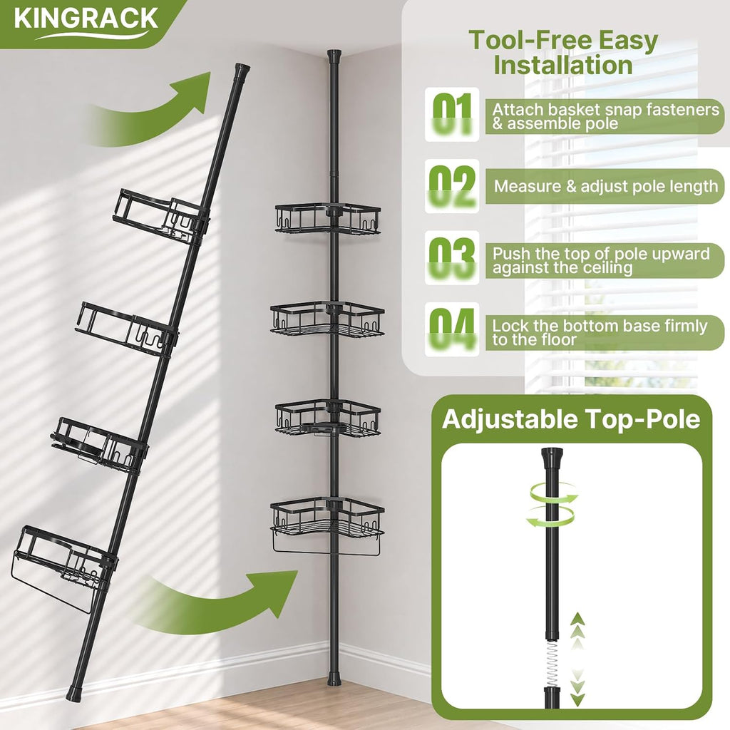 KINGRACK Corner Shower Caddy, 4‑Tier Tension‑Rod Shower Organizer, Black