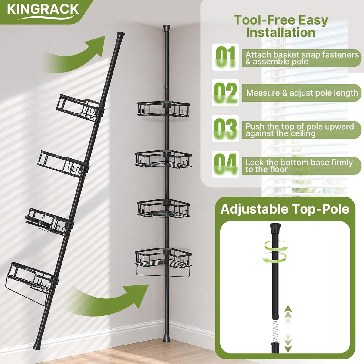 KINGRACK Corner Shower Caddy, 4‑Tier Tension‑Rod Shower Organizer, Black