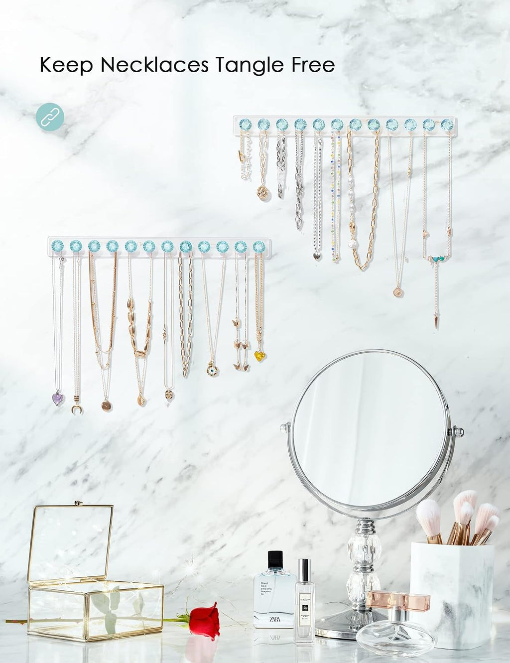 Mymazn Acrylic Necklaces Holder Wall Mounted Necklace Hangers Hanging Jewelry Organizer with 12 Hooks, Clear Jewelry Hangers for Necklace Organizer for Girls Women, Necklace Hooks for Wall, Closet