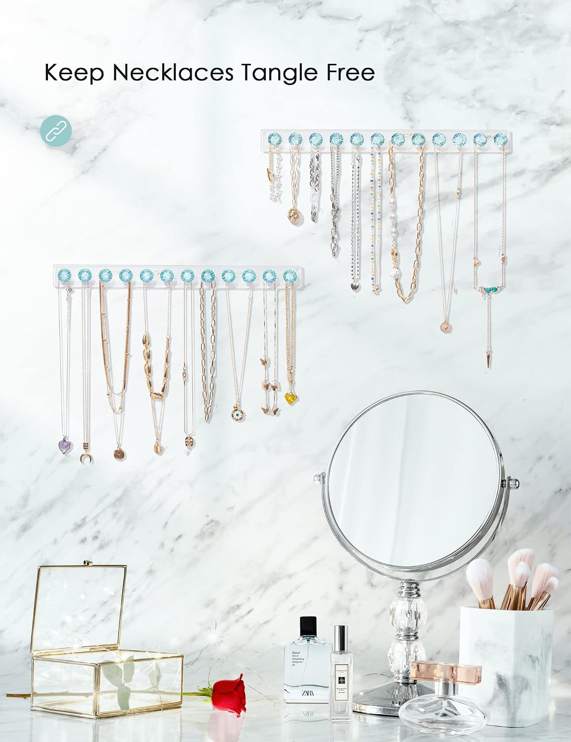 Mymazn Acrylic Necklaces Holder Wall Mounted Necklace Hangers Hanging Jewelry Organizer with 12 Hooks, Clear Jewelry Hangers for Necklace Organizer for Girls Women, Necklace Hooks for Wall, Closet