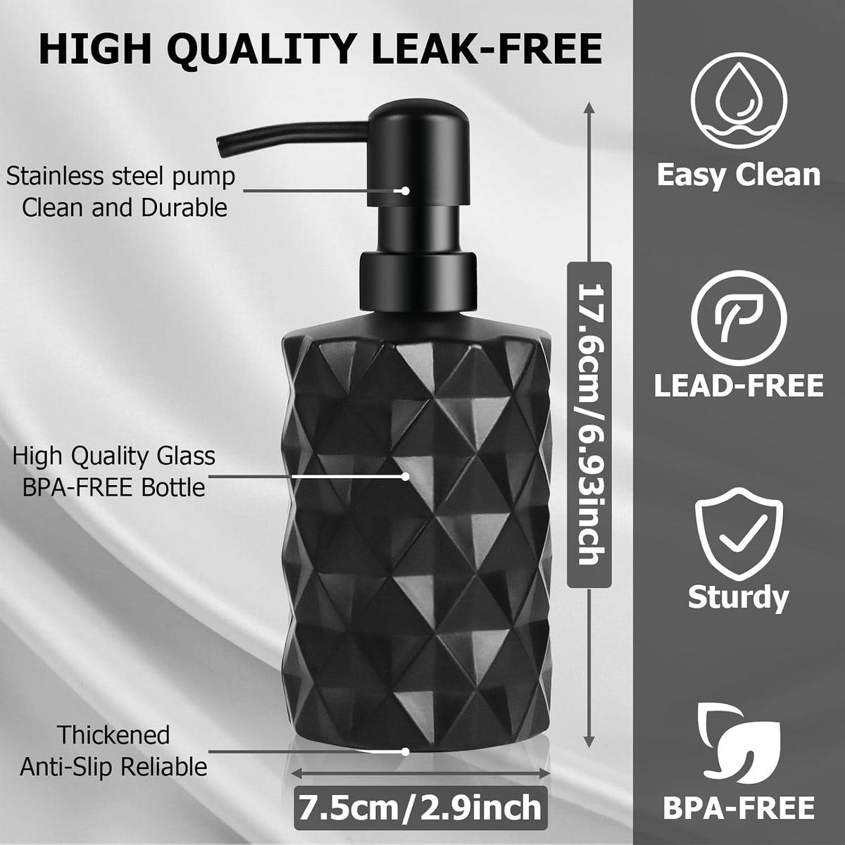 Glass Soap Dispenser with Plastic Pump, 330ml/11oz. Liquid Hand Soap Dispenser for Bathroom and Kitchen, Hand-Pump Dispenser for Dishwashing Liquid, Lotion, Soap, Essential Oil (Matte Black)