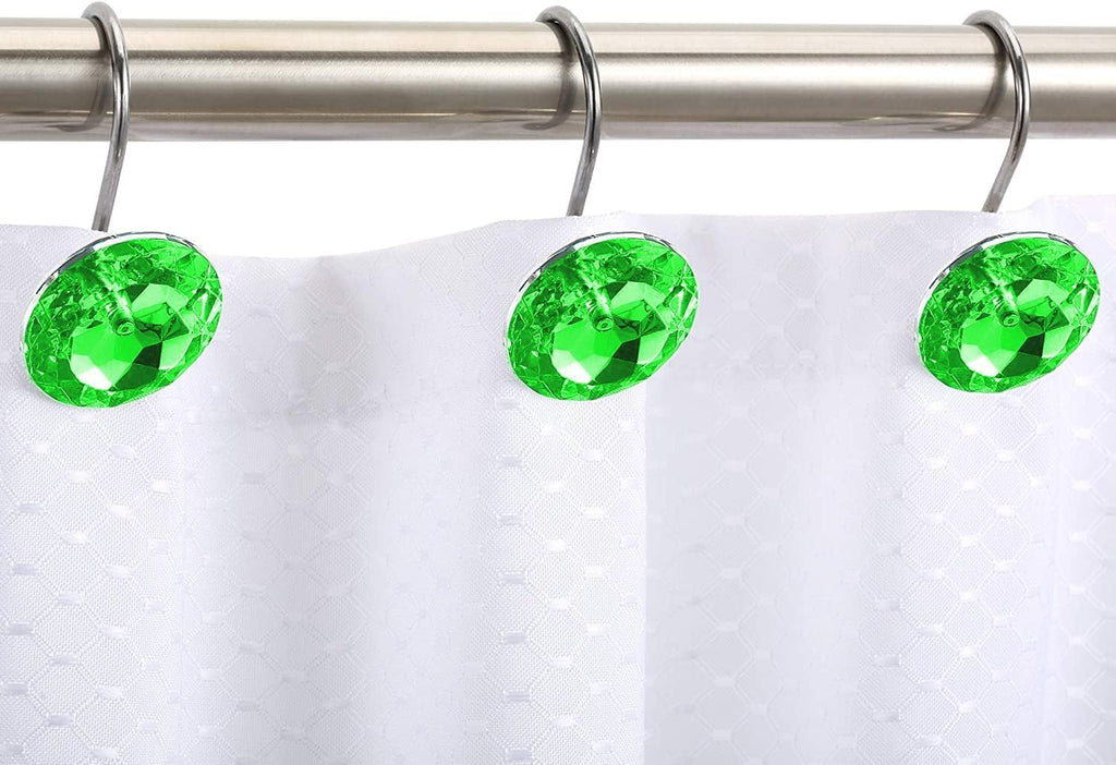 CHICTIE Green Shower Curtain Hooks Rings Diamond, Crystal Decorative Shower Curtain Hooks, Set of 12 Stainless Steel Rust-Proof Round Rhinestones Shower Rings Hangers for Bathroom