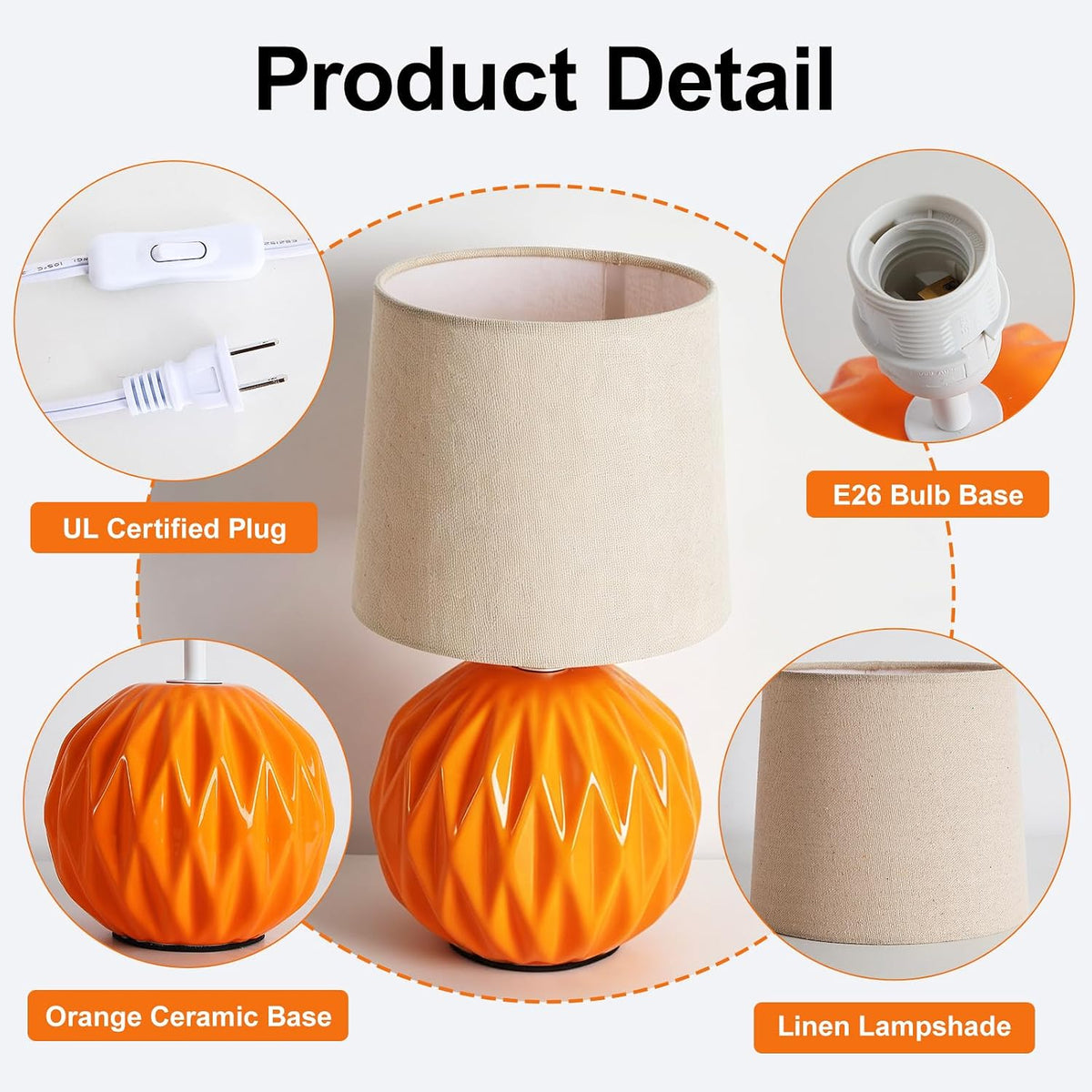 Orange Ceramic Table Lamp Set of 2, Small Bedside Lamp with Linen Shade