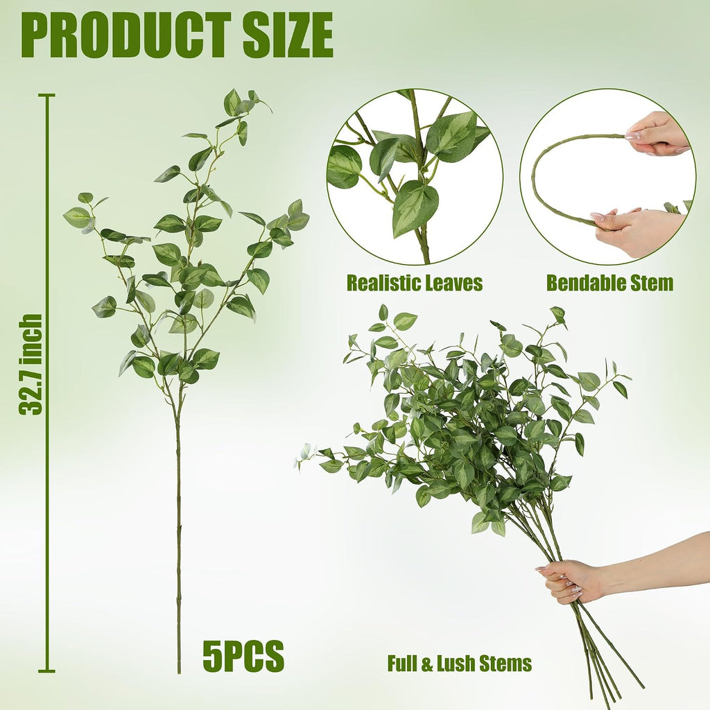 Sggvecsy 5 Pcs Artificial Eucalyptus Stems 32.7 inch Fake Greenery Branches with Faux Eucalyptus Leaves Silk Foliage Plants for Home Vase Kitchen DIY Festival Farmhouse Decor (Green)