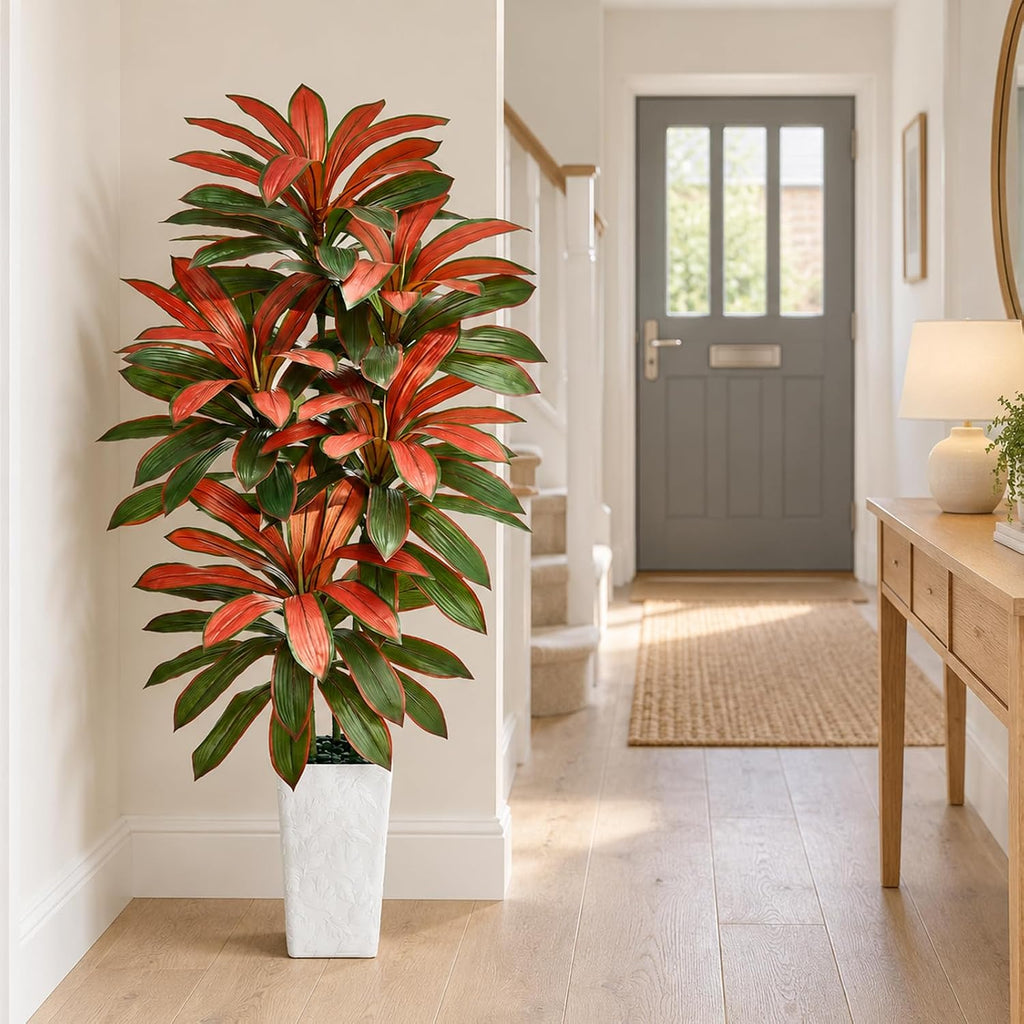 Artificial Dracaena Tree Red, 5FT Fake Plants White Planter
