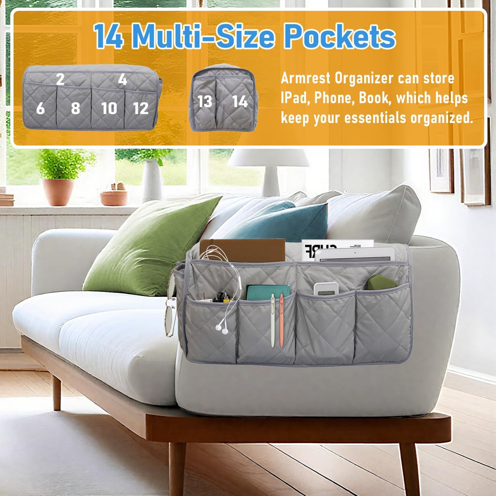 Armchair Caddy for Recliner, Non-Slip Recliner Pocket Organizer, Remote Holder for Recliners, Sofa Armrest Organizer, Couch Caddy with 14 Pockets Storage for TV Remote, Phone, Magazine (Grey)
