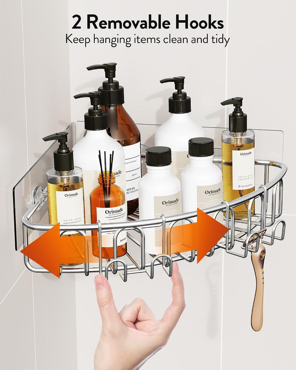 Orimade Corner Shower Caddy Stainless Steel with Hooks Wall Mounted Bathroom Shelf Storage Organizer Adhesive No Drilling 2 Pack, Silver Only for 90-Degree Corner