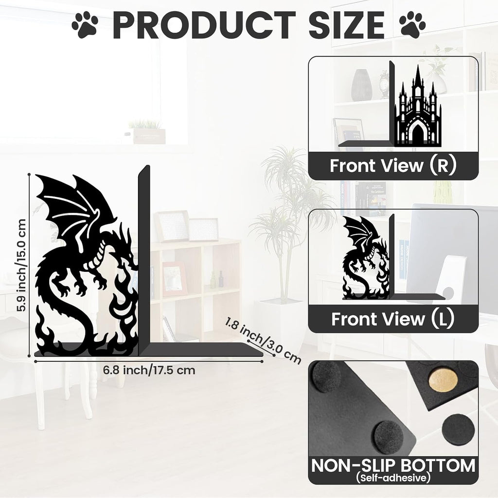 2pcs Castle Dragon Metal Bookends Middle Ages Heavy Duty Adjustable Book Stopper for Shelves and Desk Decorative Black Bookends for Heavy Books Cookbooks Vinyl Records with Non-Slip Pads