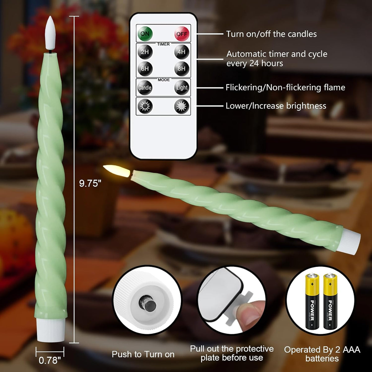 Eldnacele Green Flameless Taper Candles Battery Operated with Remote Timer