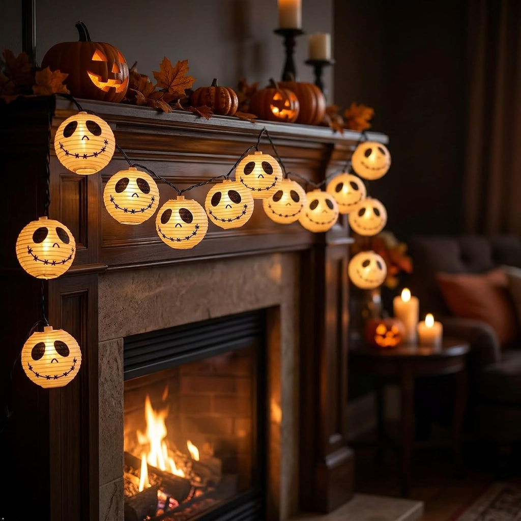 Brillarlights Halloween Decorations Ghost Lantern String Lights Plug in, 10 Pack White Ghost Lights with Black Cord, Halloween Spooky Lights Outdoor for Porch,Garden,Mantel Decor
