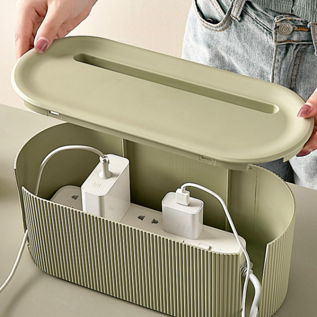 Cable Management Box,Desk Cord Organizer with Groove Cover,Plastic Cord Hider Box,Large Cable Box Organizer,Power Socket Management for TV/Computer/Router/Games Console Cable Storage (Green)