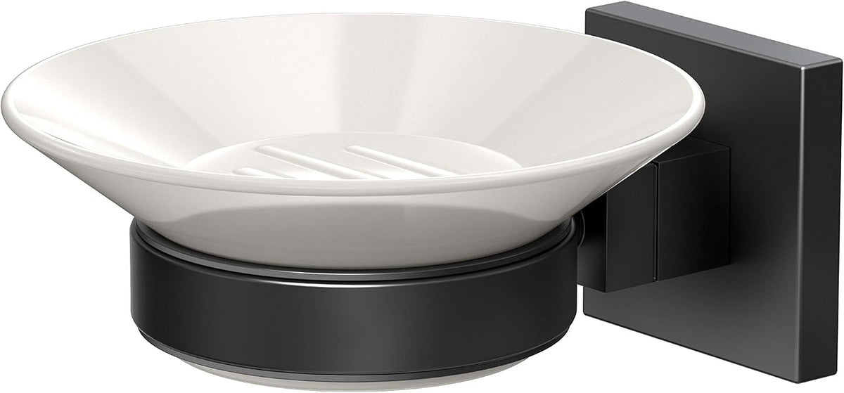 Gatco 1942MX Elevate Soap Dish Holder Matte Black | Wall Mounted 4.31" W X 2.10" H X 5.25" D Porcelain Round White Soap Dish with Matte Black Base for Bathroom