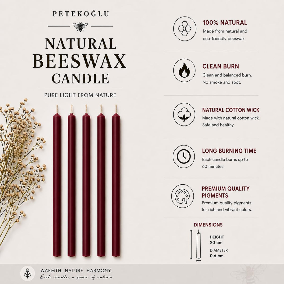 Petekoğlu 100% Natural Beeswax Candles 40 Pack Burgundy Thin Taper Candles 20 cm for Birthday Church Prayer Christmas Decor