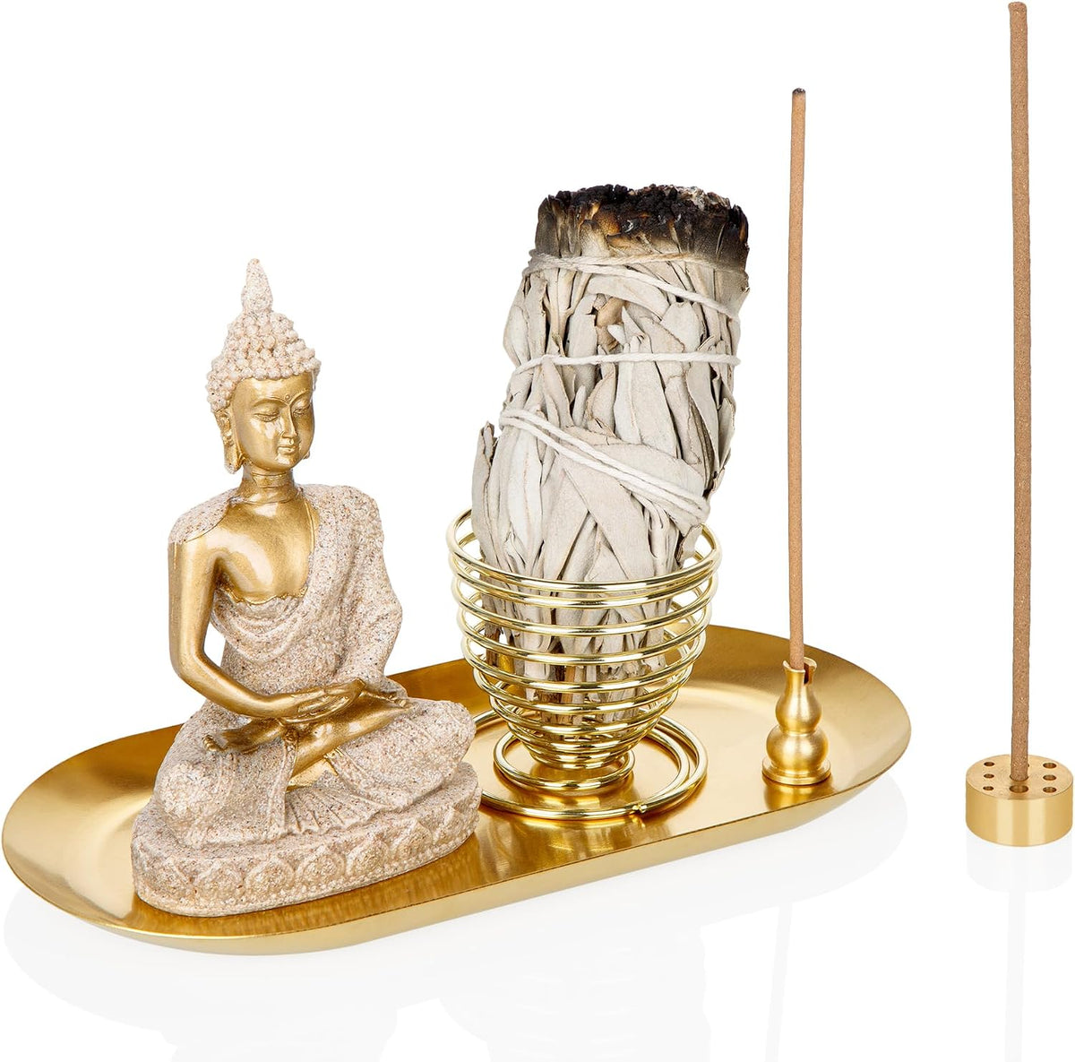 ZenBless 6 in 1 Incense Holder - Palo Santo, Buddha Statue, Sage & Incense Burner Holder for Sticks/Coil/Cones, Gold Oval Ash Catcher