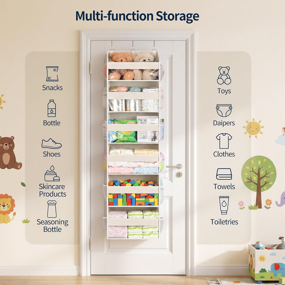 Yecaye Over the Door Organizer 6 Tiers, Heavy Duty Hanging Storage with 6 Large Clear PVC Pockets and 12 Side Pockets, 56lbs Capacity for Closet Door Bathroom Bedroom Nursery Dorm, Ivory White