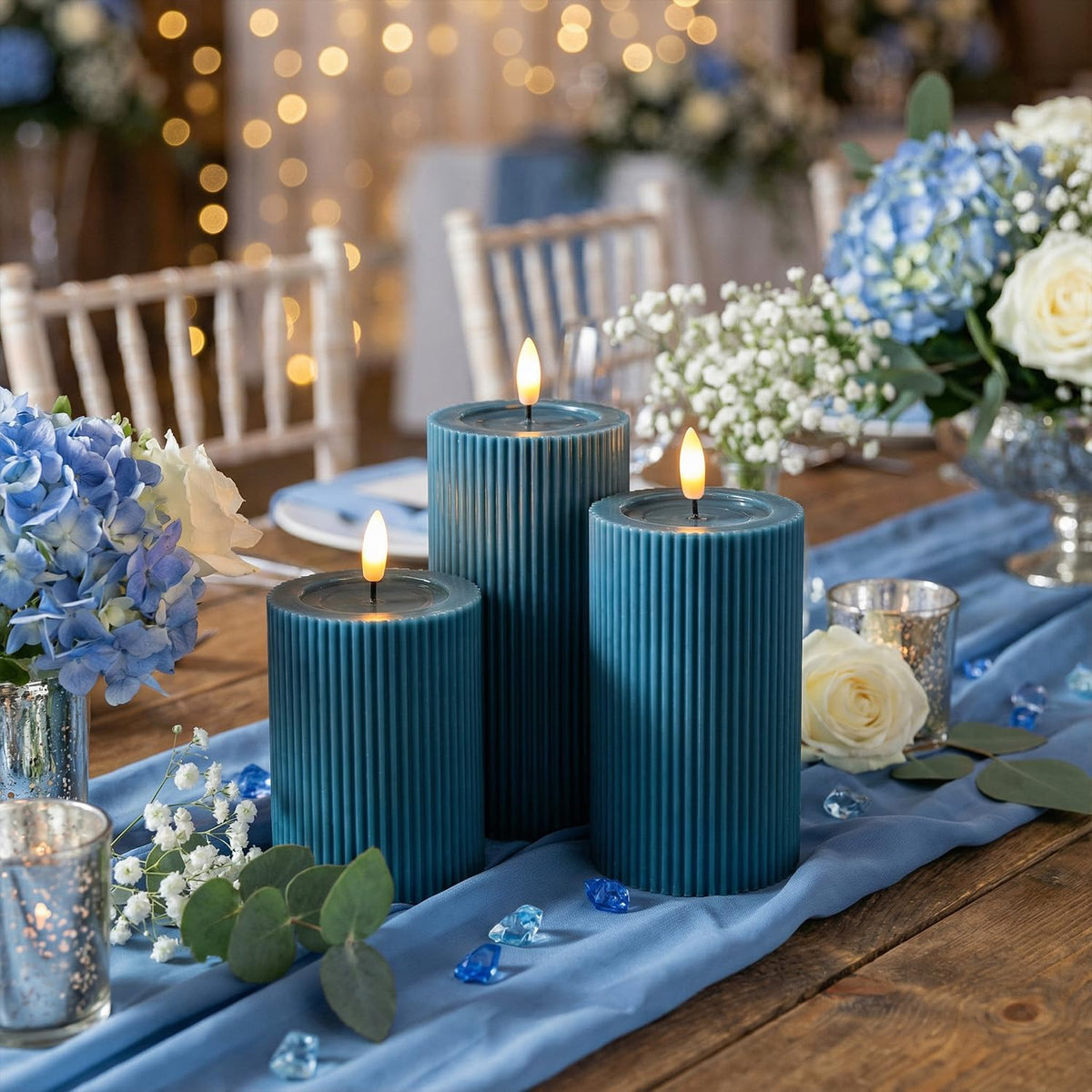Fluted Ribbed LED Pillar Candles, Blue, with Realistic Reflective Melted-Wax Effect – Flickering Flame, Remote, Dimmable, Flameless, Battery Operated, Home & Wedding Decor (Set of 3)