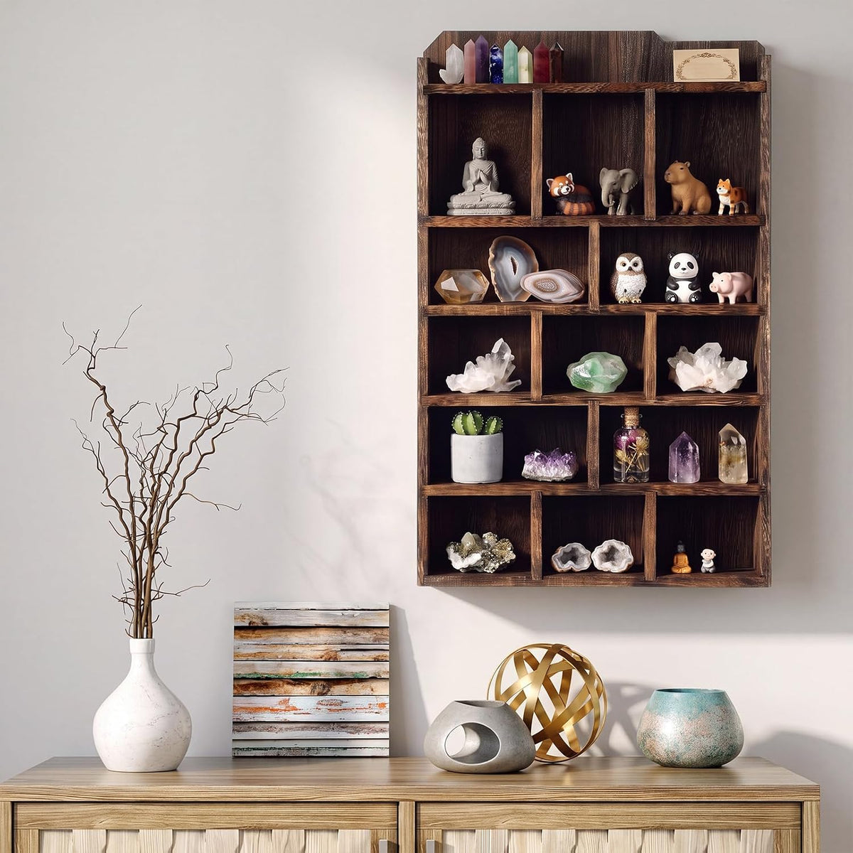 Threehoney Wooden Shadow Cubby Box, Brown, 16x10x2.5'', Stylish