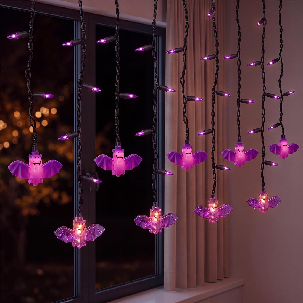 SUNSGNE Halloween Bat Curtain Lights, 7FT 50 LED Purple Window Decor