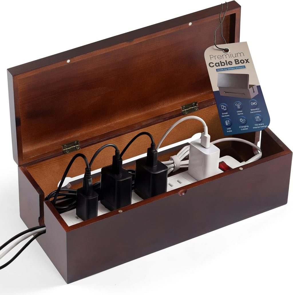 Solid Wood Cable Management Box - Large Cord Management Box Organizer; Cord Hiding Box for Desk; Wooden Storage for Chargers, Charging Station; Surge Protector, Power Strip