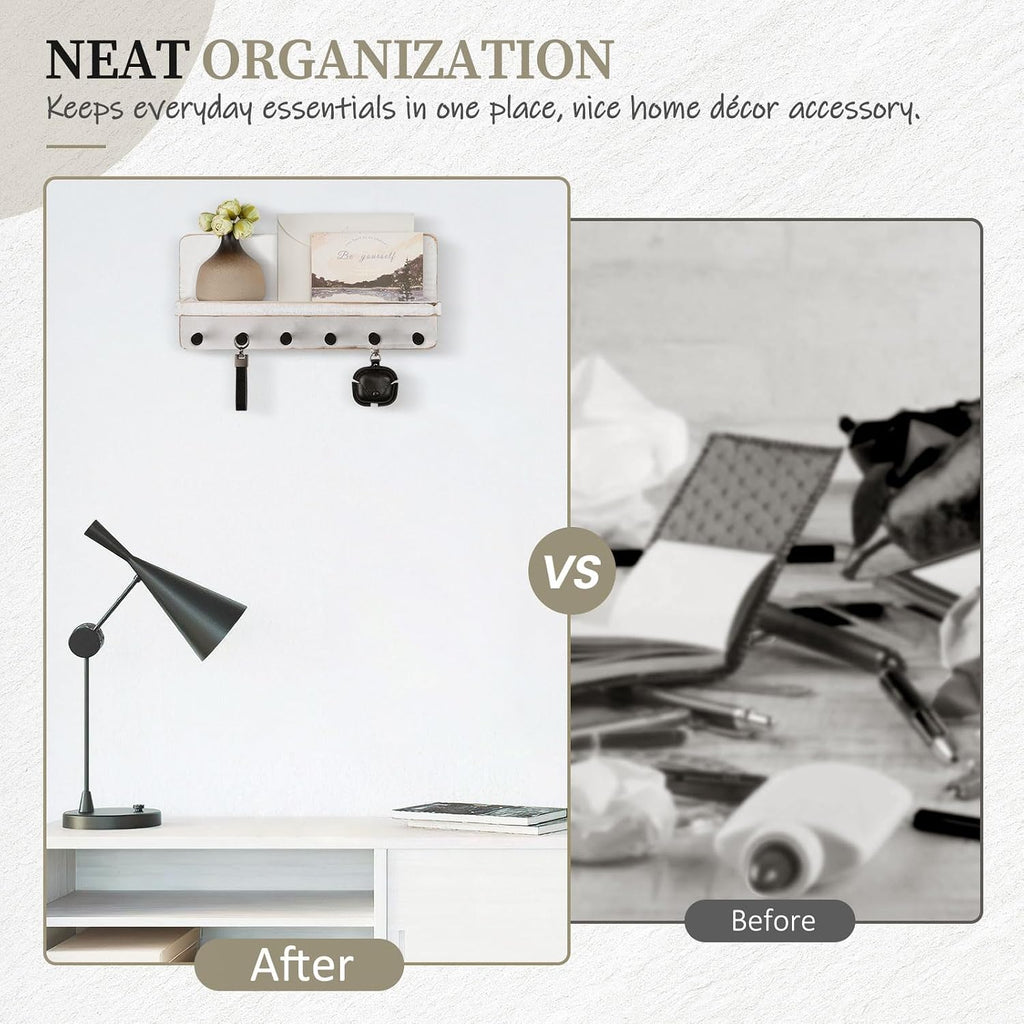 Nekon Key Holder for Wall with Shelf, Pine Wooden Key Hanger, Rustic White