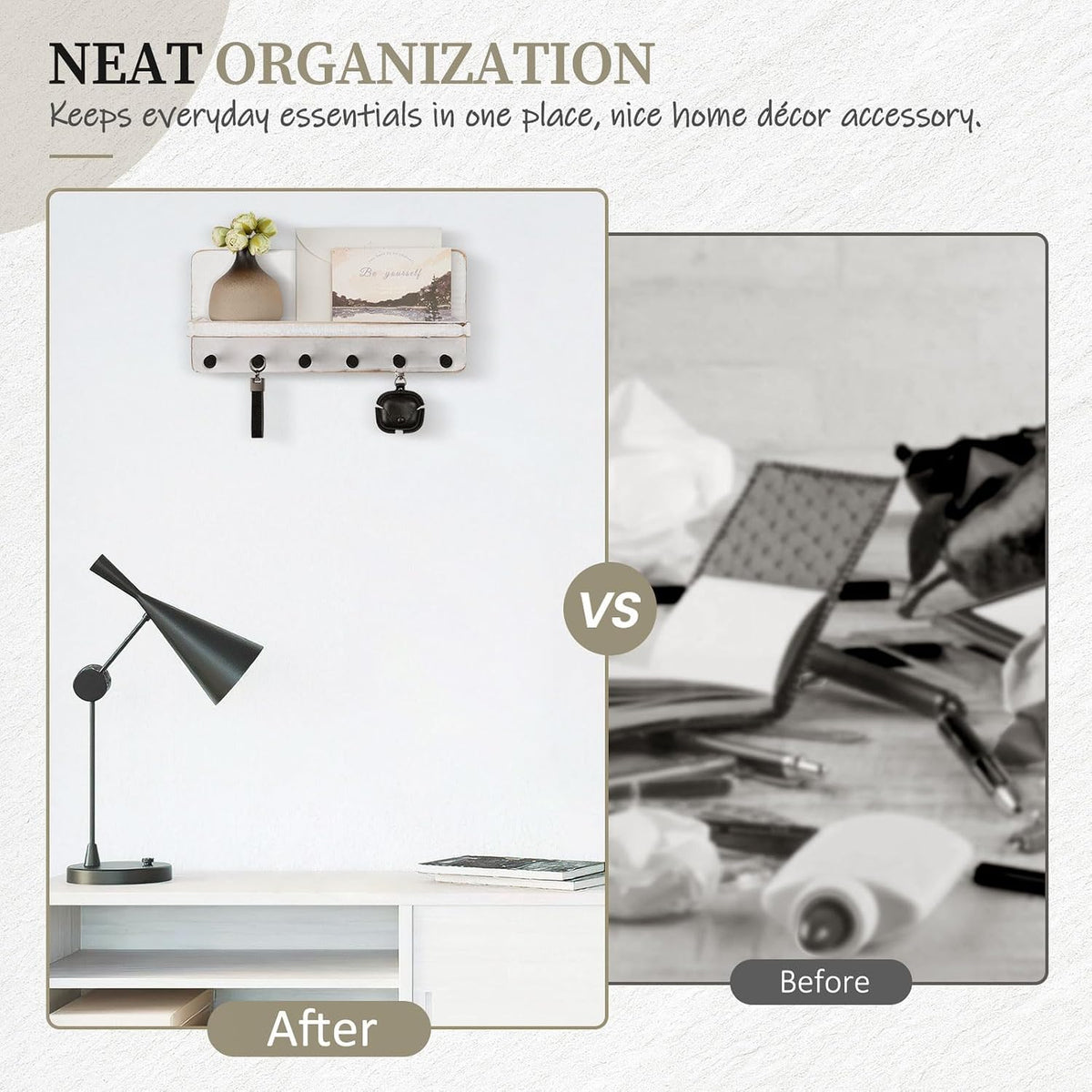 Nekon Key Holder for Wall with Shelf, Pine Wooden Key Hanger, Rustic White