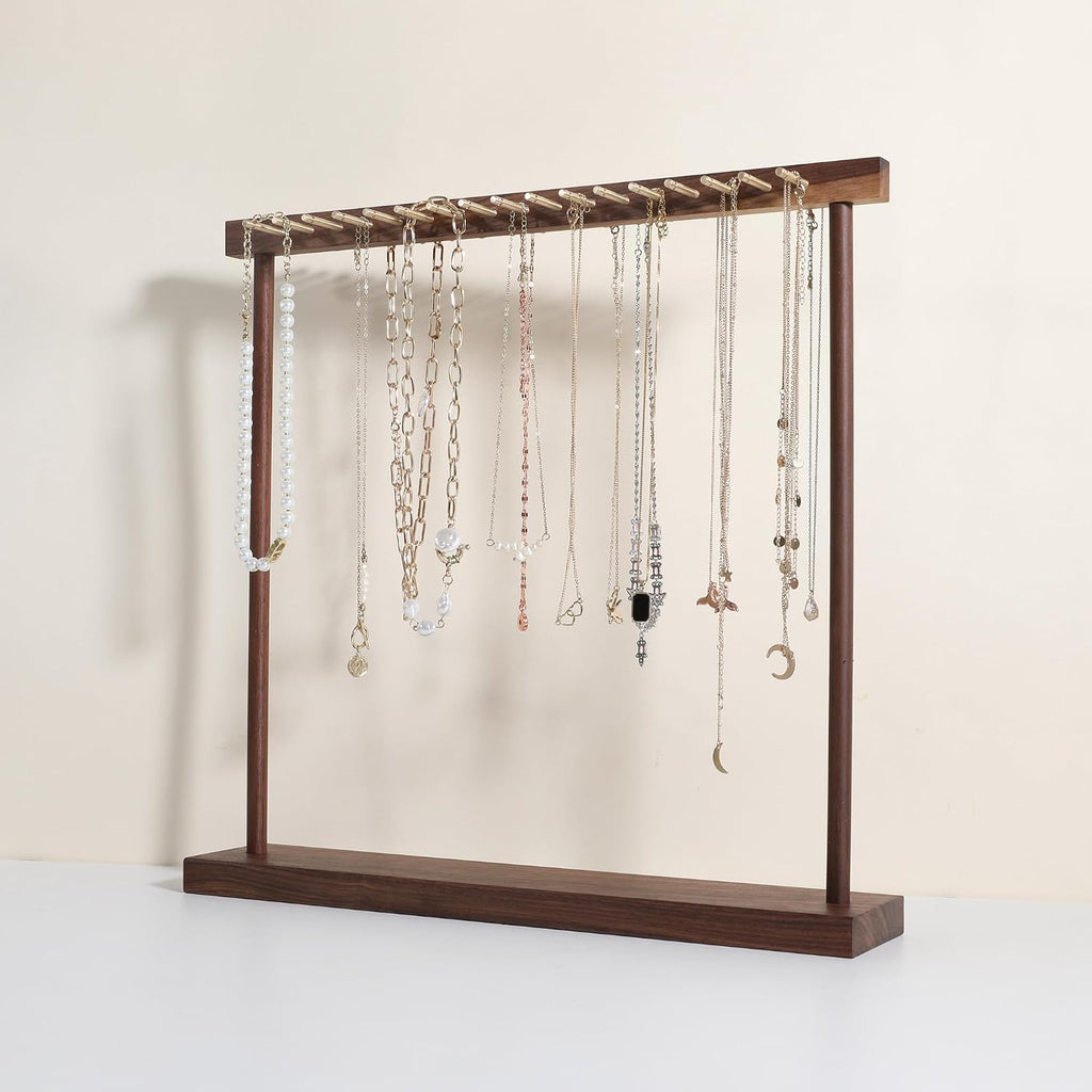 Large necklace hanger shelf with 17 copper bars, Wooden jewelry storage organizer rack for hanger necklace bracelet, necklace display stand for boutique store【Walnut】
