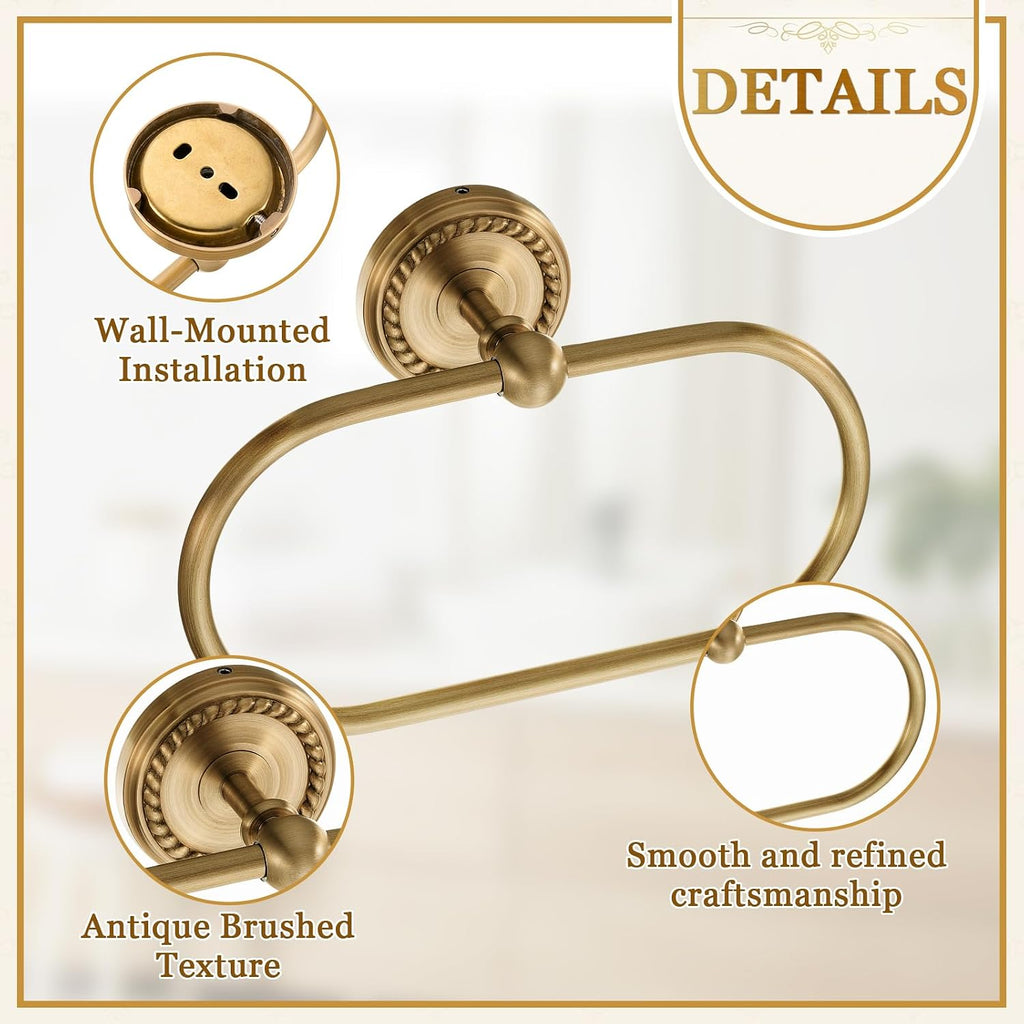 4 Pcs Antique Brass Gold Bathroom Accessories Set Wall-Mounted Towel Rack & Towel Ring & Toilet Paper Holder & Robe Hook, Wall Mounted Brass Vintage Bath Hardware Fixture Set(Style 1)