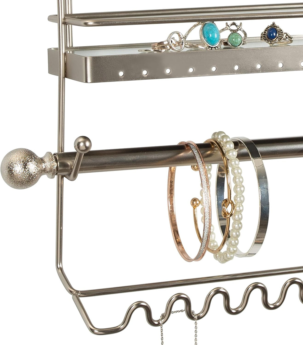 Home Details Wall Mounted Jewelry Organizer | Dimensions: 14.6"x 3.9"x 15.6" | 2 Tier Mirror | Home Organization | Great for Bracelets | Necklaces | Earrings | Mirror Based Shelf | Satin Finish