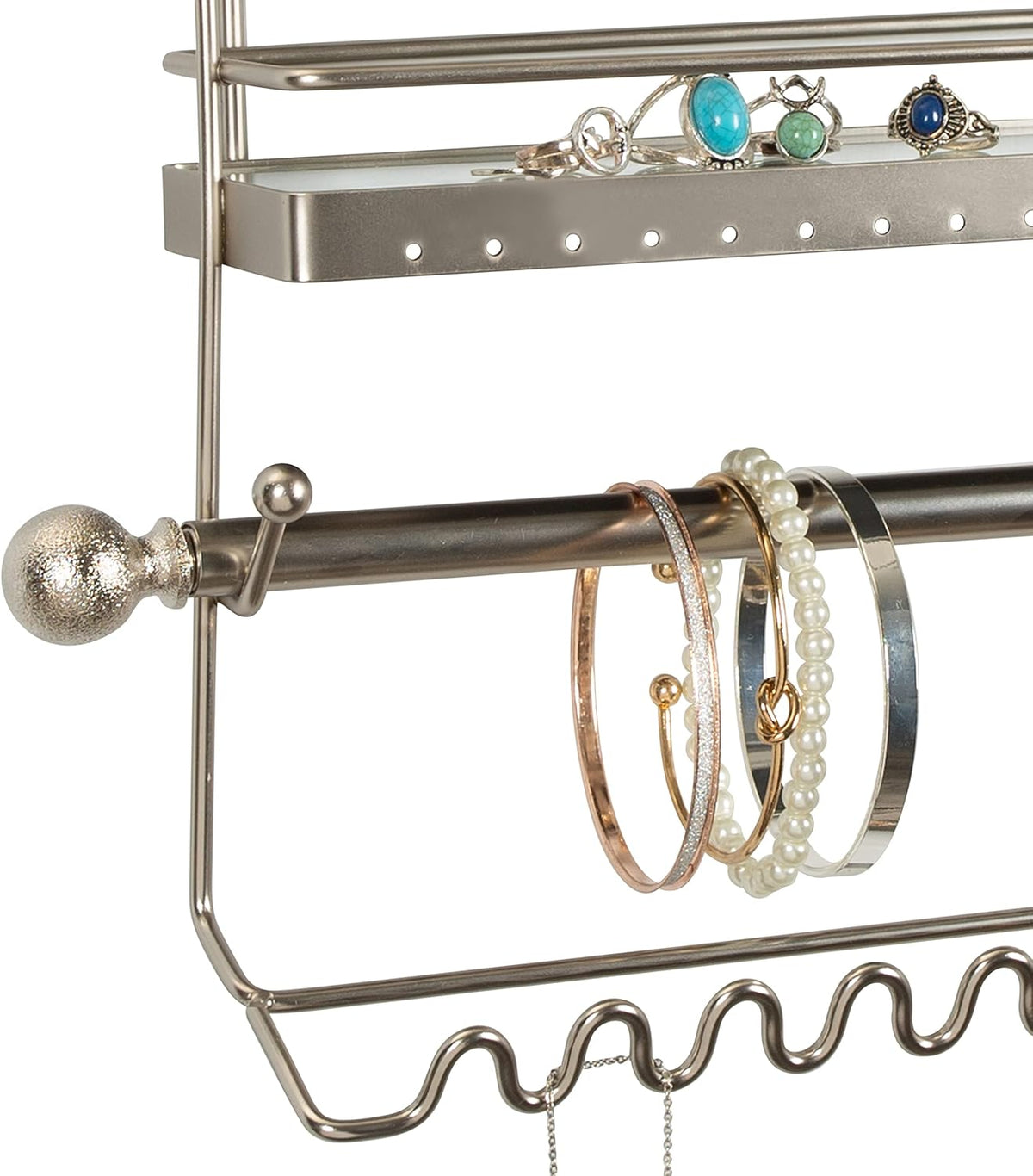 Home Details Wall Mounted Jewelry Organizer | Dimensions: 14.6"x 3.9"x 15.6" | 2 Tier Mirror | Home Organization | Great for Bracelets | Necklaces | Earrings | Mirror Based Shelf | Satin Finish
