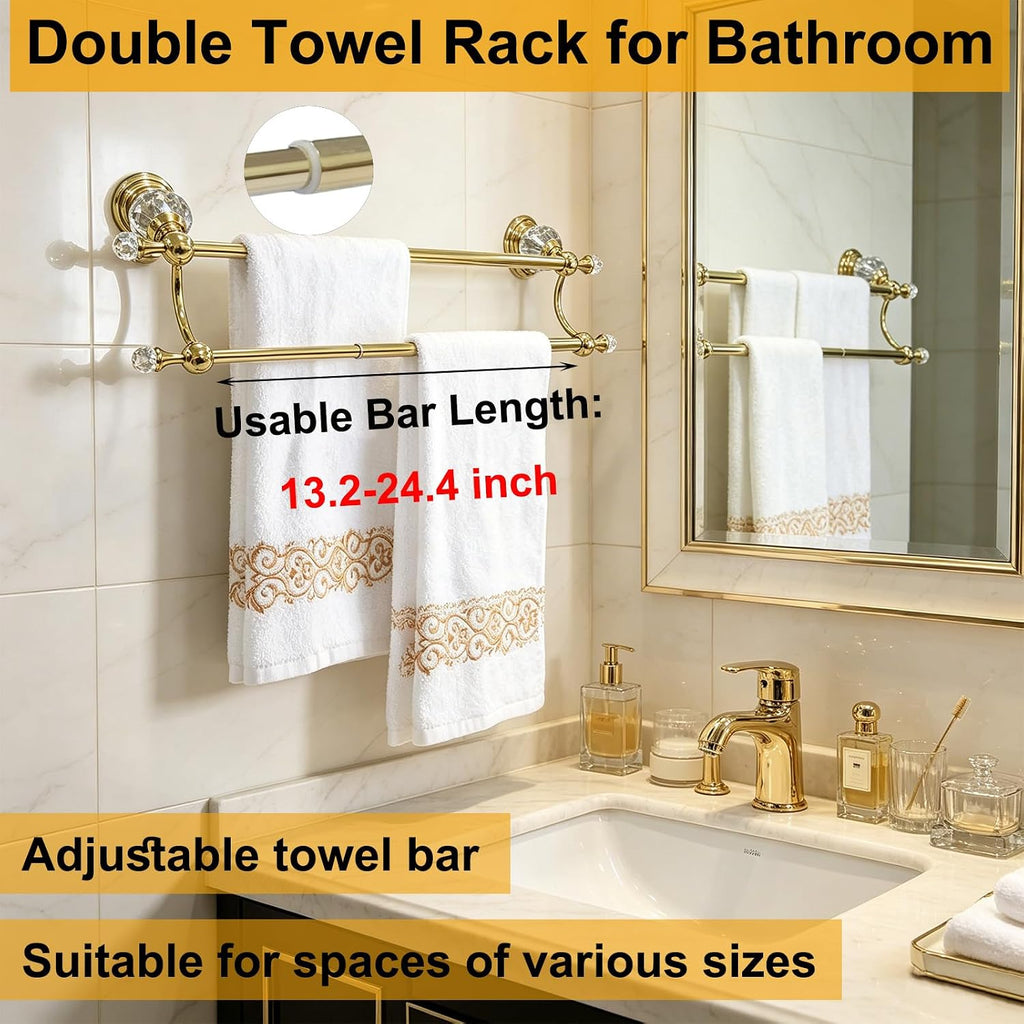 Gold Double Towel Bar, Adjustable Crystal Towel Racks for Bathroom