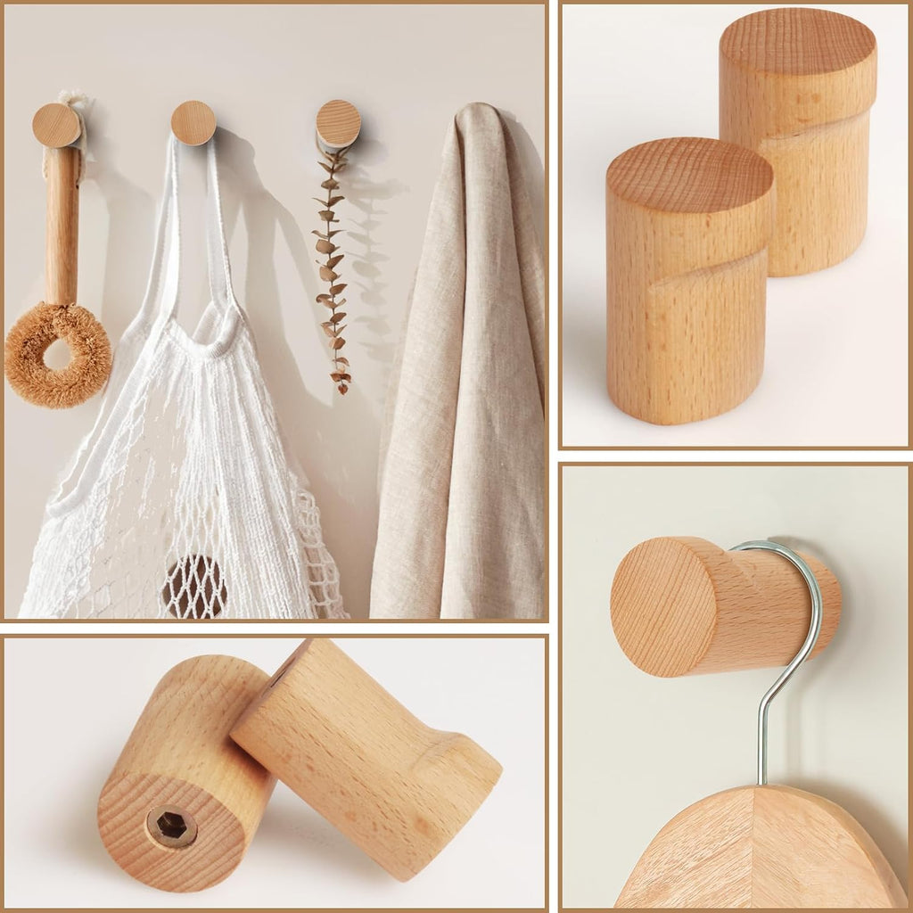 4 Pack Wood Wall Hooks Natural Wooden Coat Hooks Adhesive Hooks Heavy Duty