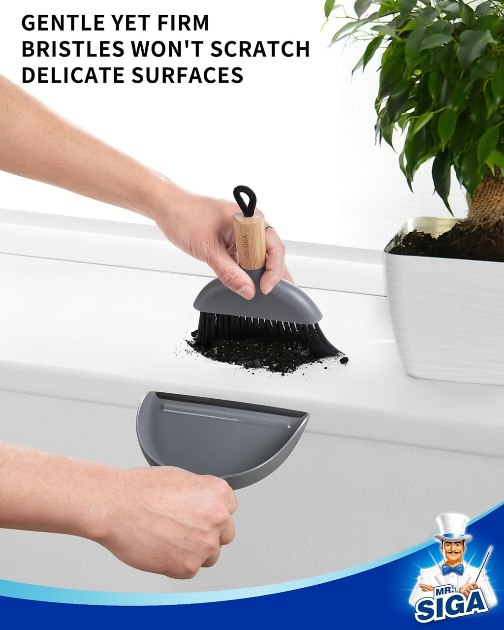 MR.SIGA Mini Dustpan and Brush Set, Bamboo Handle, Gray, 1 Set