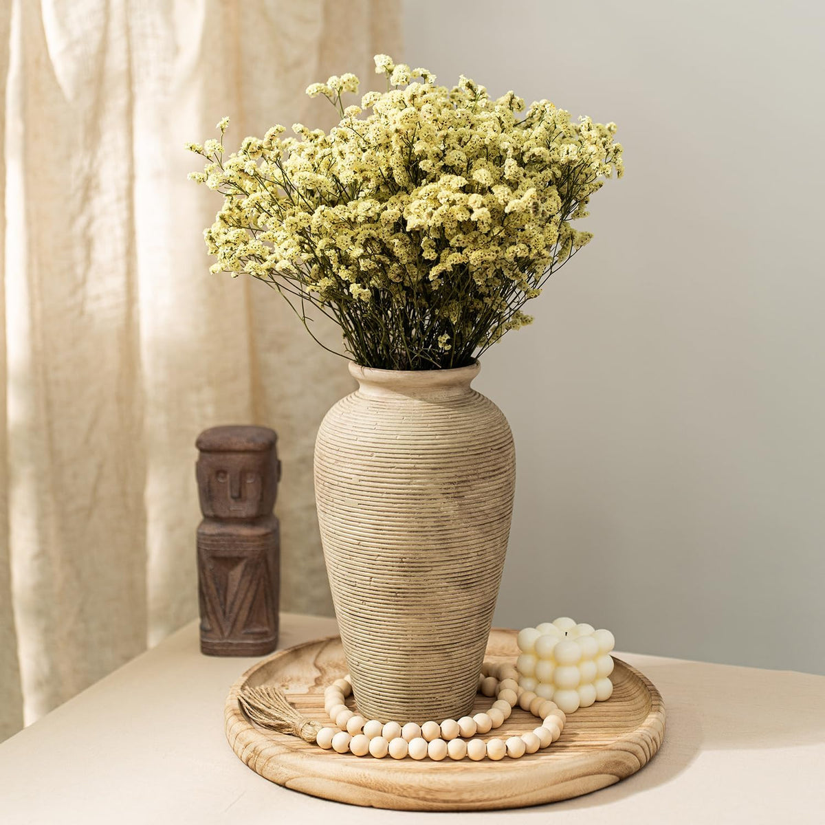 11.02 Inch Tall Vintage White Ceramic Flower Vase, Rustic Farmhouse Beige Stone Texture Vase for Home Decor, Decorative Terracotta Vase for Table Centerpiece Living Room Bathroom (Rustic-11.02'')