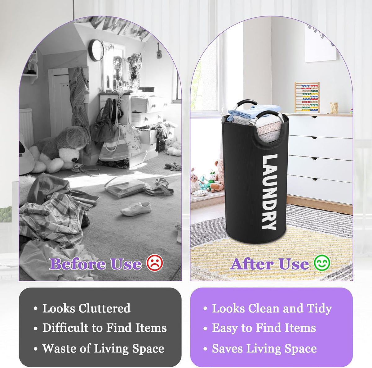 95L Large Laundry Hamper for Adult, Foldable Black Laundry Basket with Soft Handles, Freestanding Dirty Clothes Hampers, Portable Laundry Bin for Flat, Bathroom, Black
