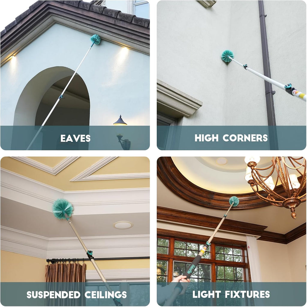 TelesPro 30 Feet High Reach Cobweb Duster with 6-24Ft Extension Pole, Webster Cobweb Duster with 5-Stage Telescopic Aluminum Pole, Spider Web Brush for Outdoor & Indoor Cleaning - Soft Bristles.