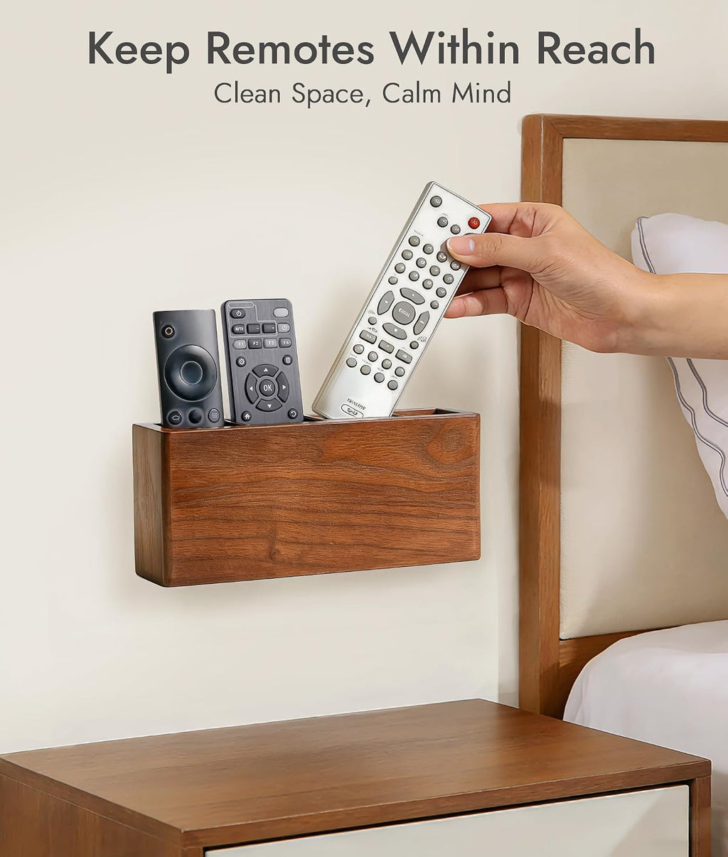 Wooden Remote Control Holder Wall Mount, TV Remote Organizer with Adjustable Dividers for 3–4 Remotes, Adhesive or Screw Install for Bed, Wall, Couch & Table