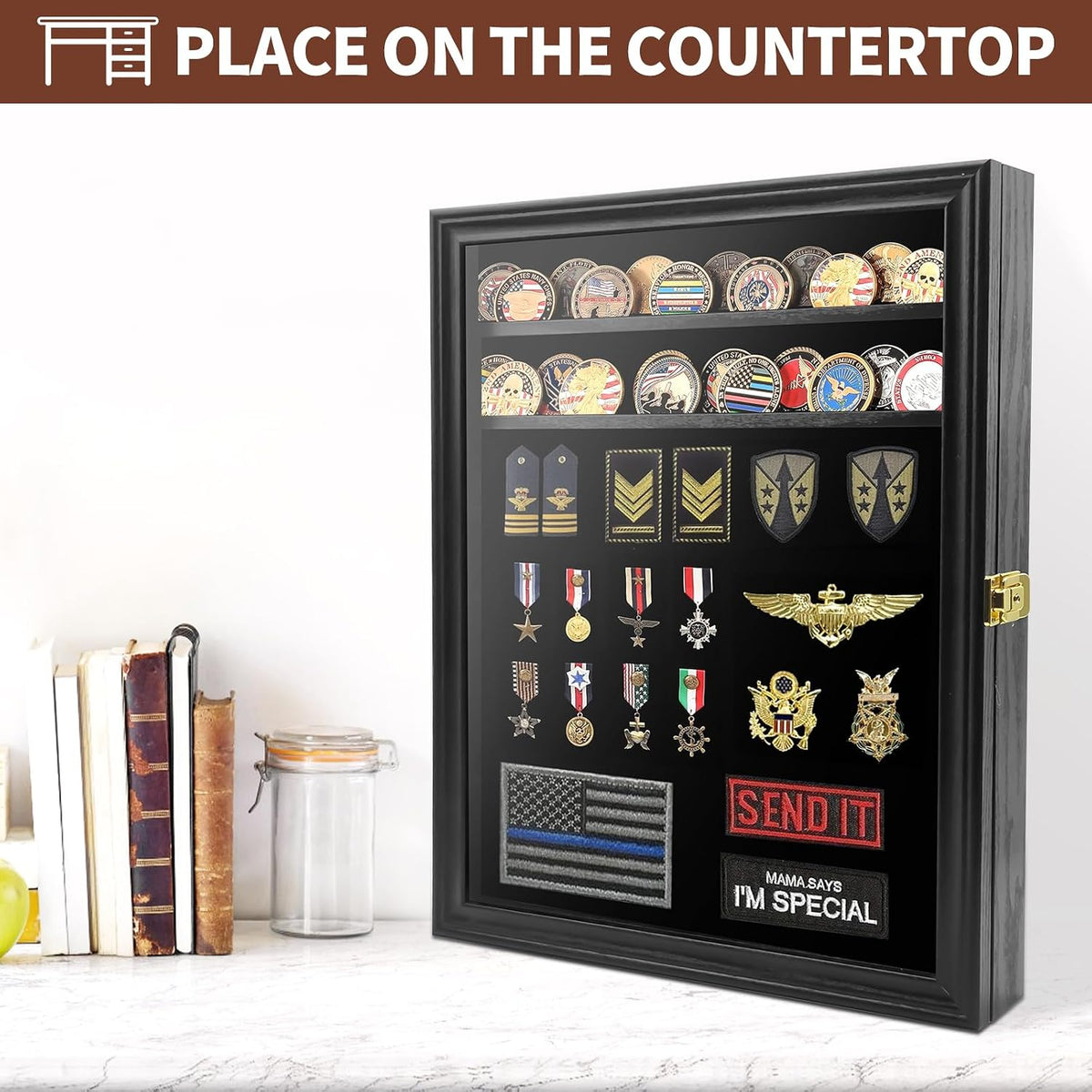 Challenge Coin Display Case, 7 Rows Lockable Military Coin Display Cabinet with UV Acrylic Door, Removable Shelves & Felt Background, Large Shadow Box