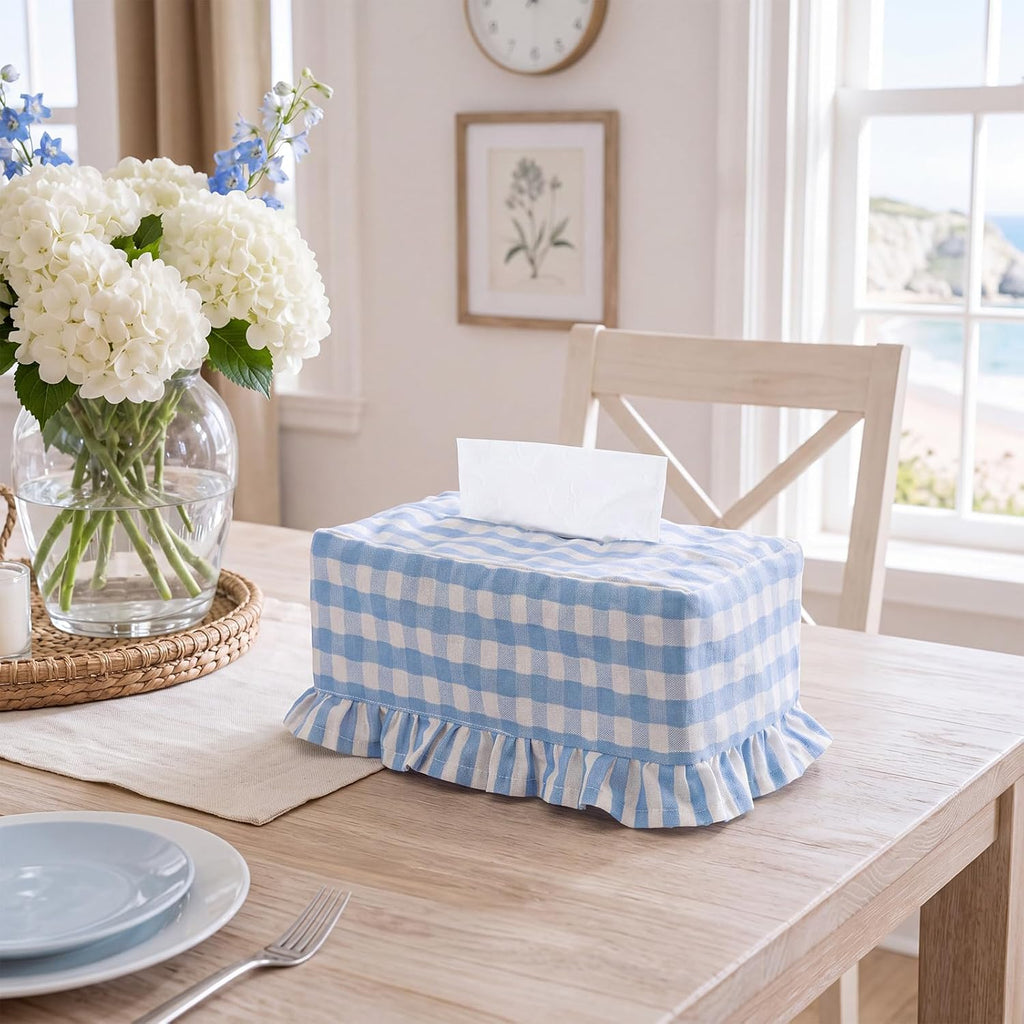 Blue Gingham Ruffle Tissue Box Cover, Rectangle