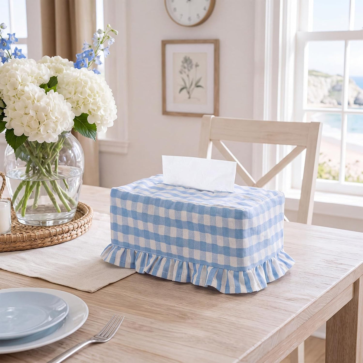 Blue Gingham Ruffle Tissue Box Cover, Rectangle