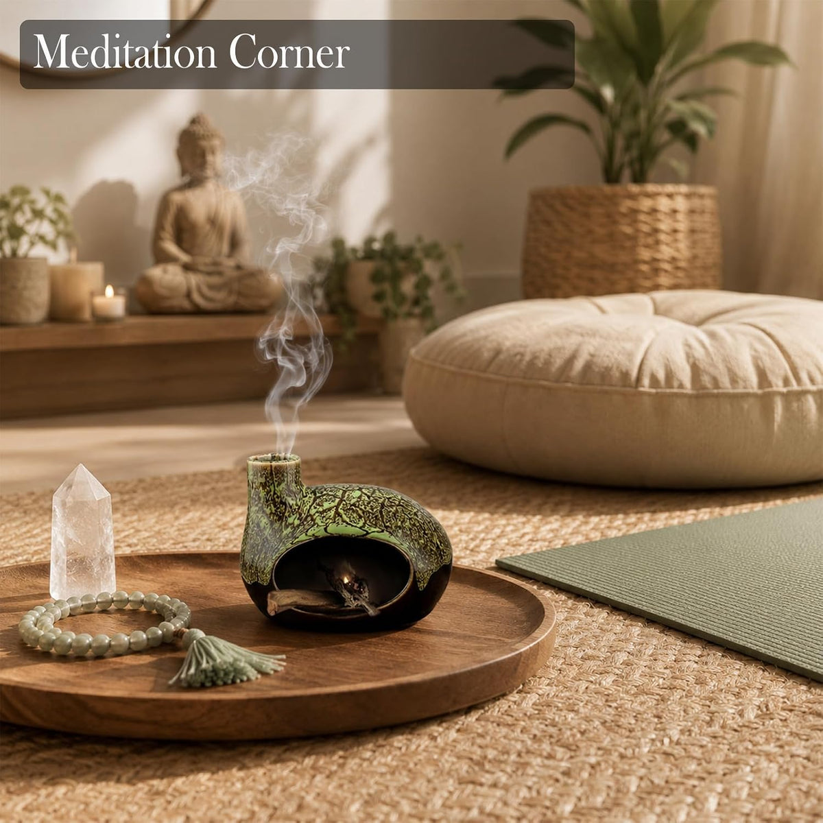 Handcrafted Ceramic Palo Santo Holder – Artistic Incense Burner for Meditation, Mindfulness and Zen Home Decor – Wabi-Sabi Style Cone Sculpture, Gift for Yoga, Relaxation & Aromatherapy (Green)