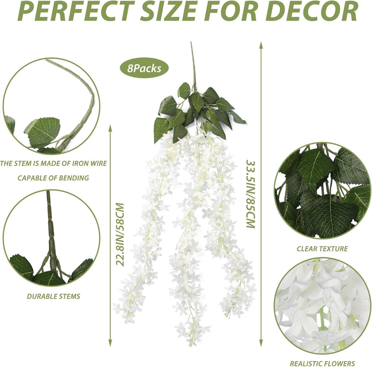 RECUTMS Artificial Silk Lilac White Flowers Garland 8Pcs-24Branches 33.5in