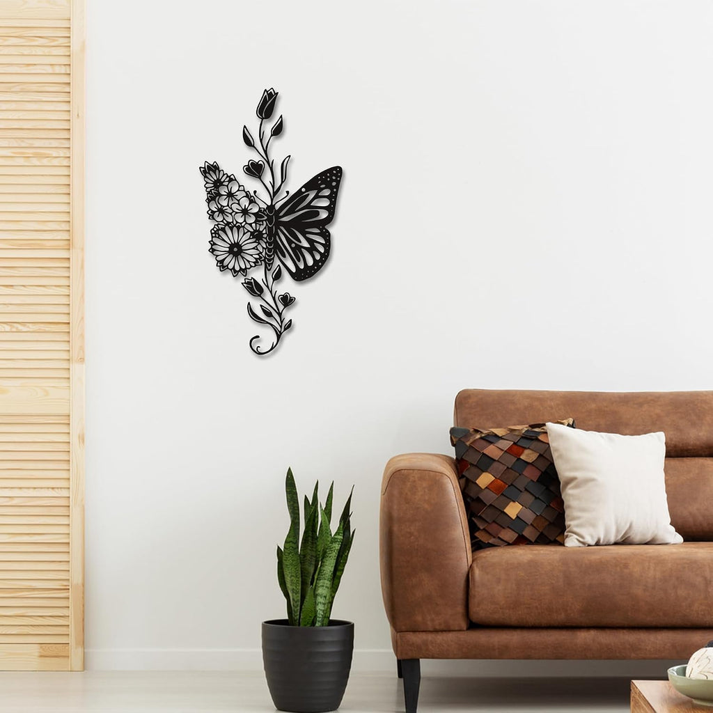 Rajukit Butterfly Flower Metal Wall Art Black for Living Room