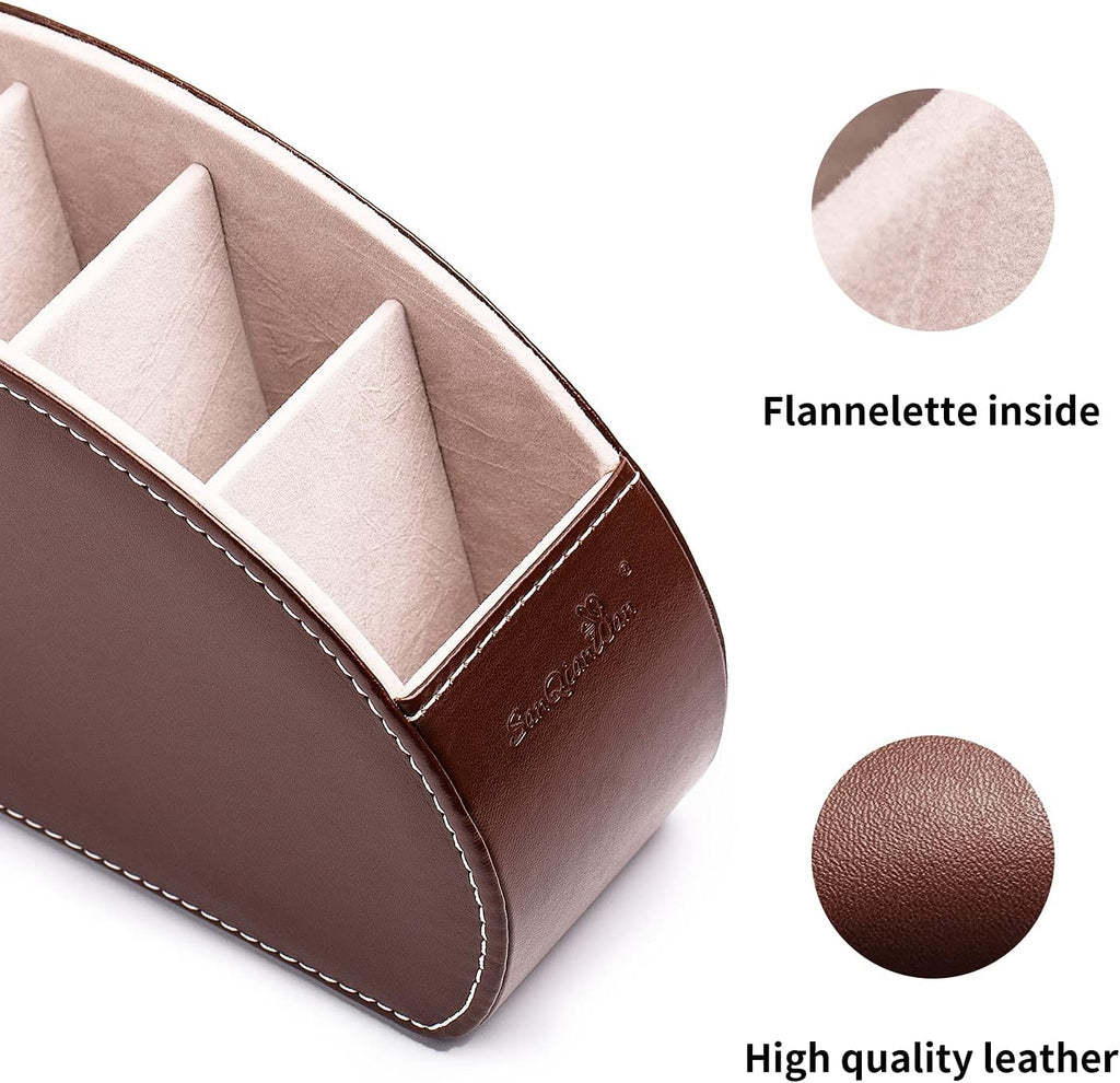 Remote Control Holder , PU Leather Organizer Box with 5 Compartments for Table Bed Office ,Remote Caddy Desktop Storage Home Accessories for Controllers , Media Player ,Make up Brush ,Pen (Brown-A)