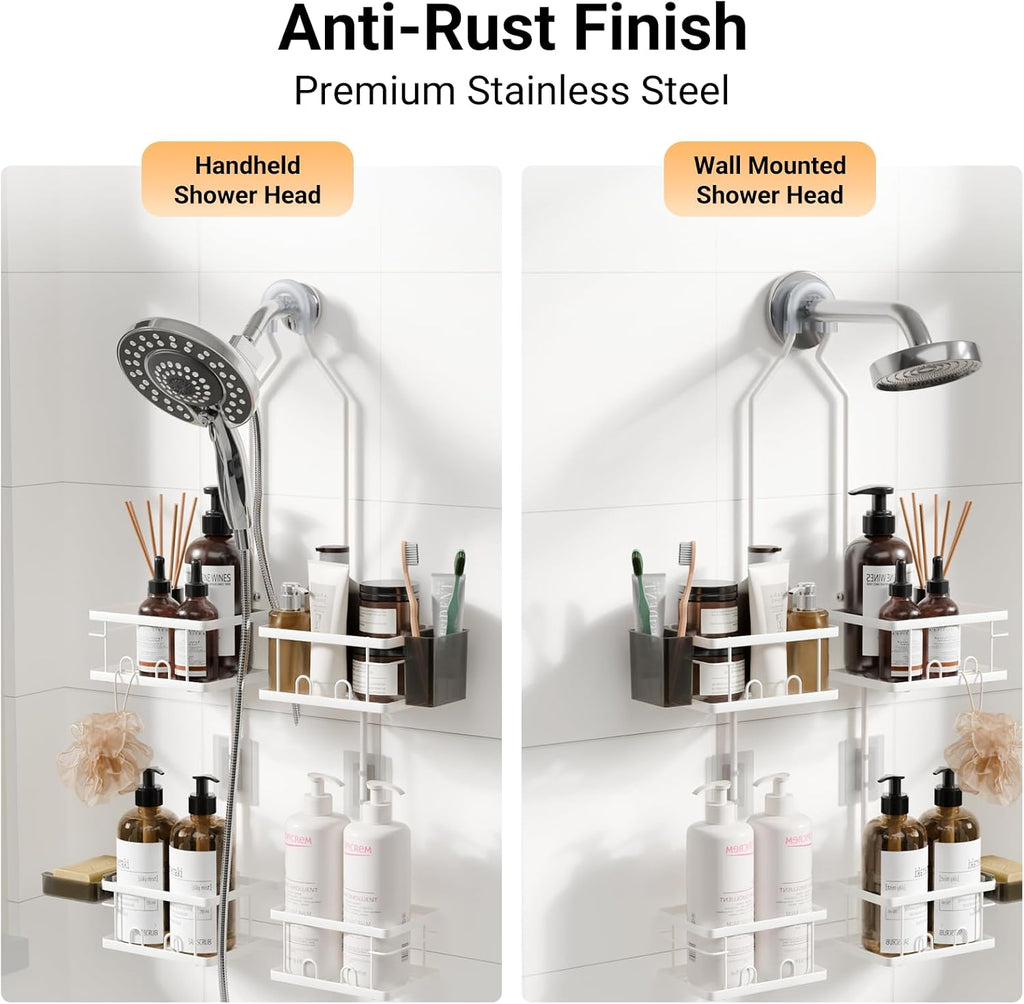 Adjustable Shower Caddy Hanging Rustproof Shower Caddy for Handheld Showerheads, Shower Organizer with Hooks Soap Holder, Anti-Swing Shower Rack Bathroom Accessories (White)