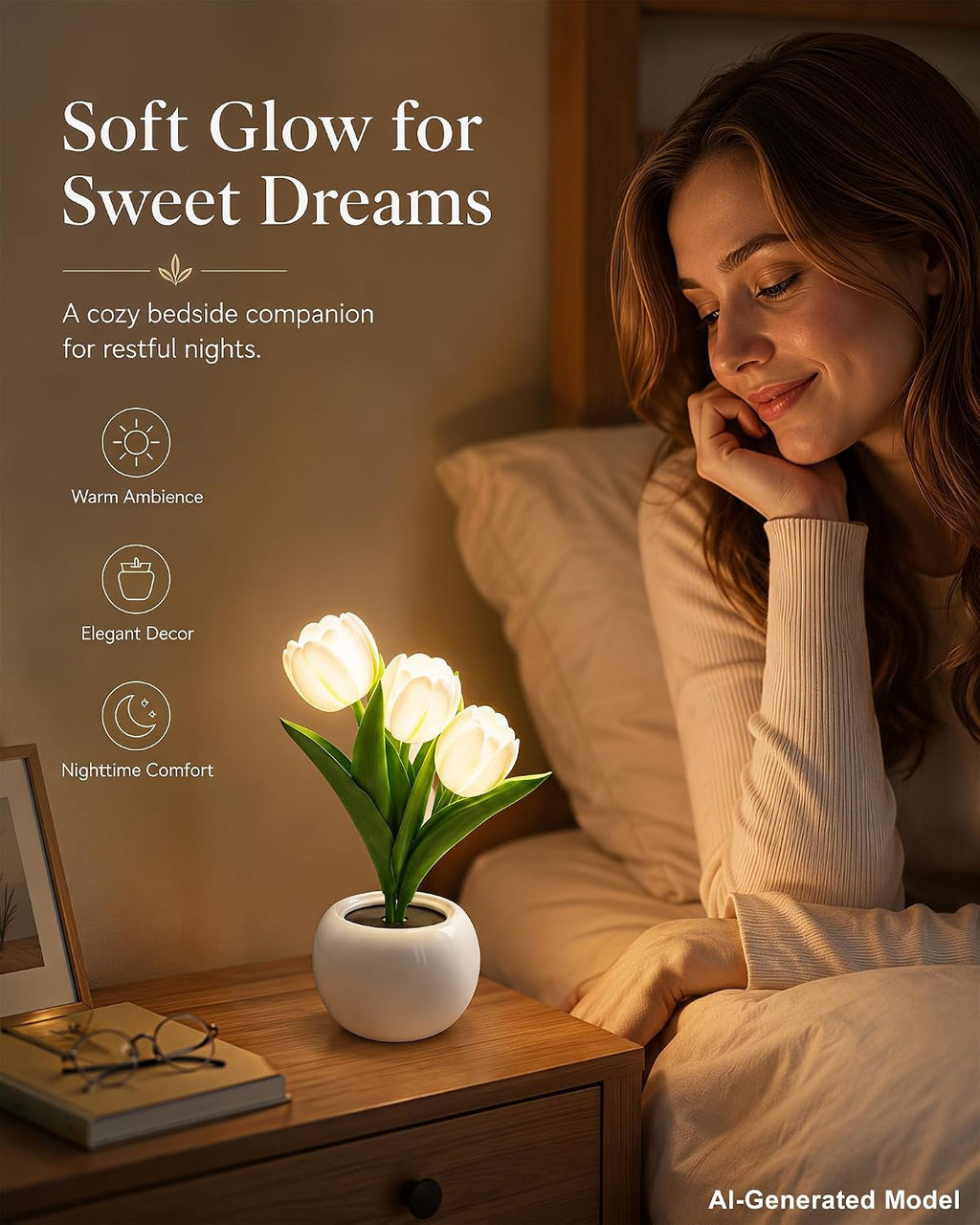 Tulip Flower Lamp LED Desk Night Light with Vase (White)
