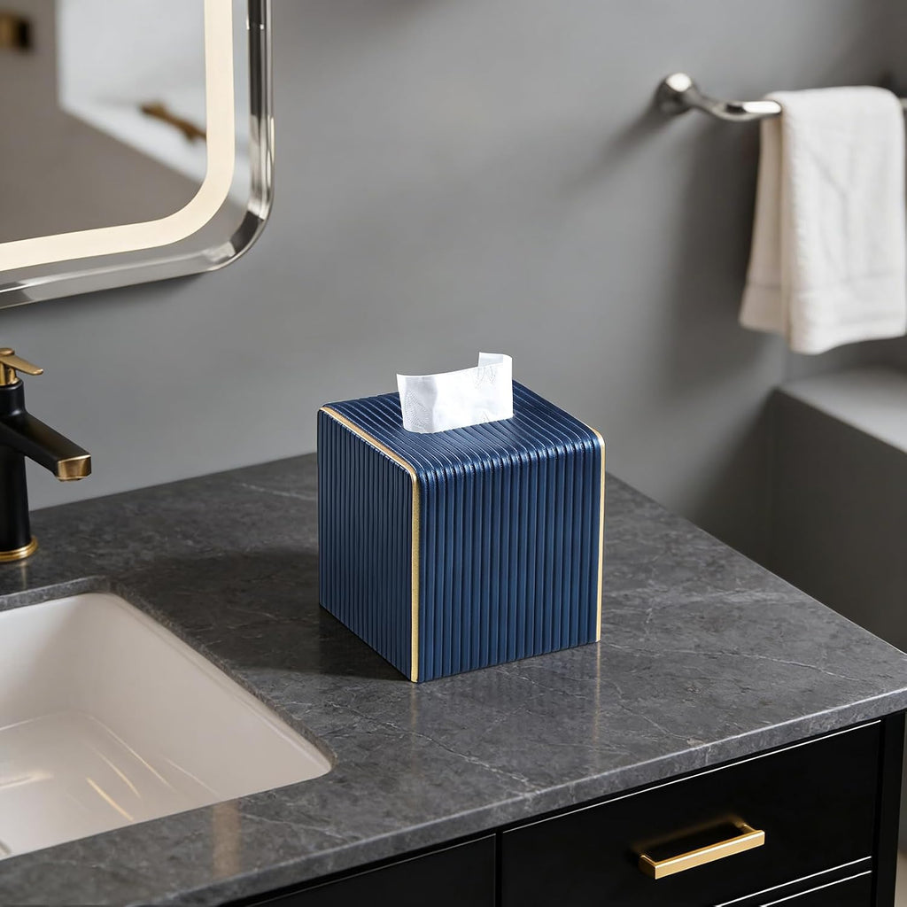 Square Tissue Box Cover, PU Leather Tissue Box Holder Navy Blue