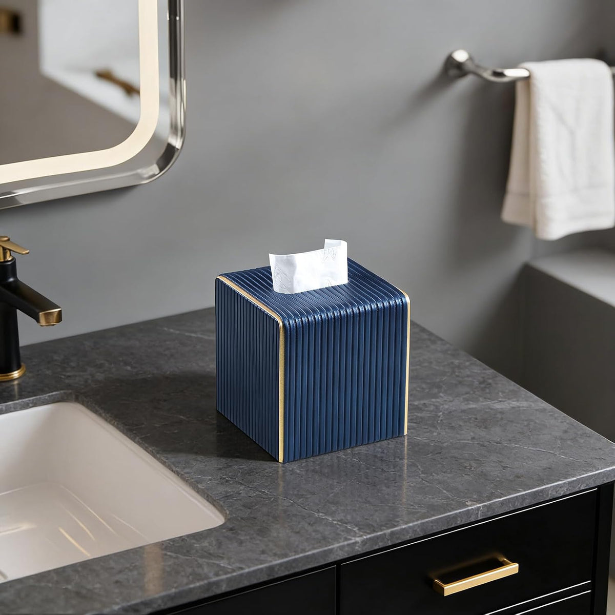 Square Tissue Box Cover, PU Leather Tissue Box Holder Navy Blue