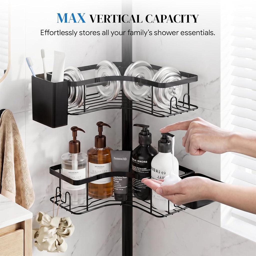 Corner Shower Caddy Tension Pole 4-Tier Rustproof Bathroom Organizer-Black