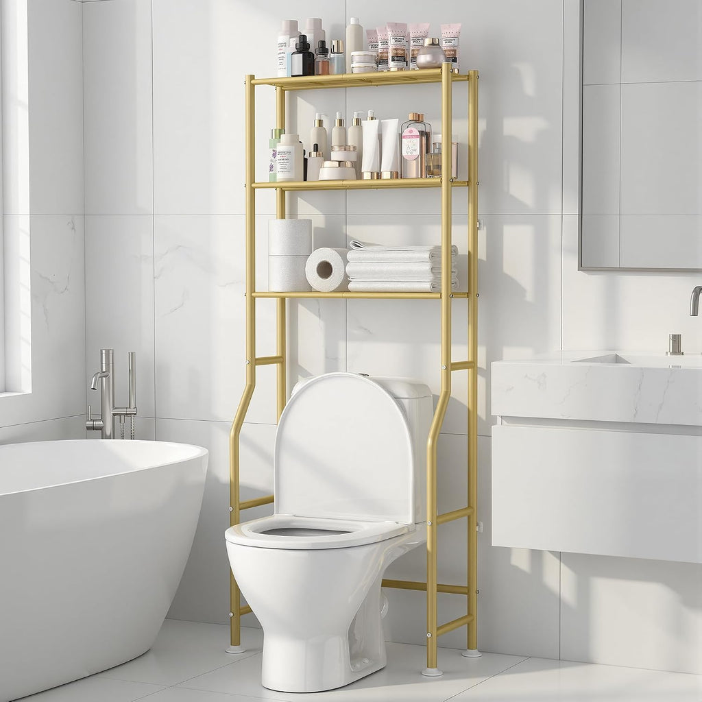 Livilord 3-Tier Over The Toilet Storage Rack, Space Saver Metal Bathroom Shelves, Freestanding Over Toilet Bathroom Organizer for Bathroom/Living Room (Gold)
