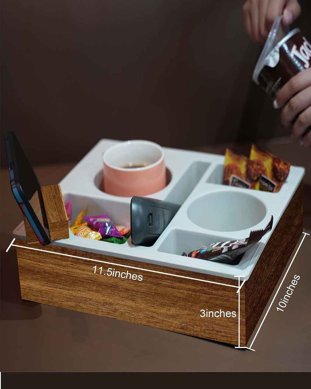 Couch Cup Holder Tray, Soft Food Grade Silicone Acacia Wooden Couch Caddy for Bed Car Seat Beach Organizer, Anti-Spill Couch Drink Holder for Snacks Beverage Remote (Beige, 11.5 * 10 * 3 in)